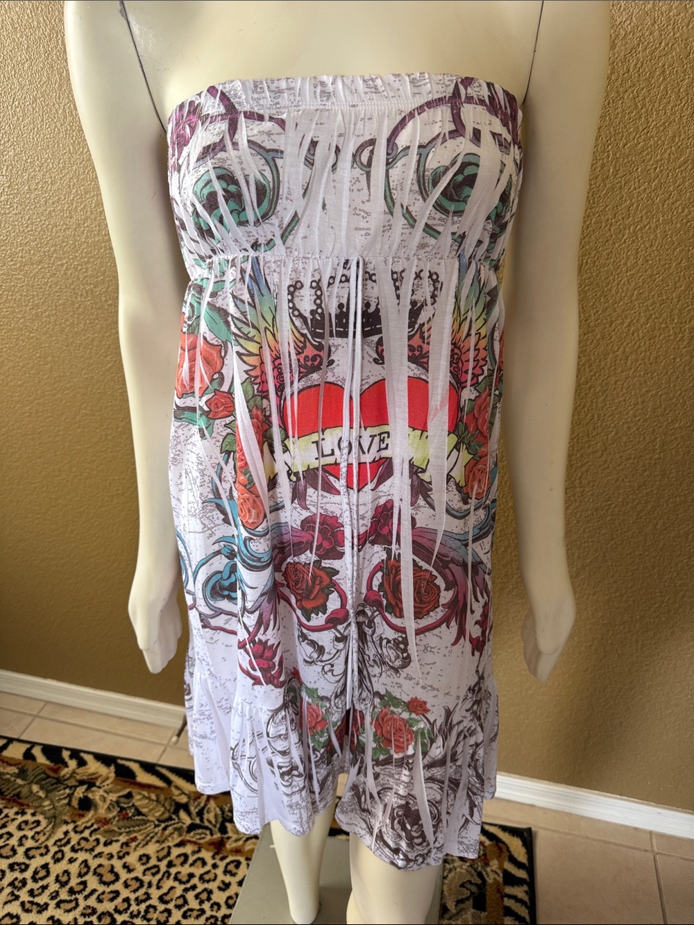White Strapless Fringe Graphic Summer Dress